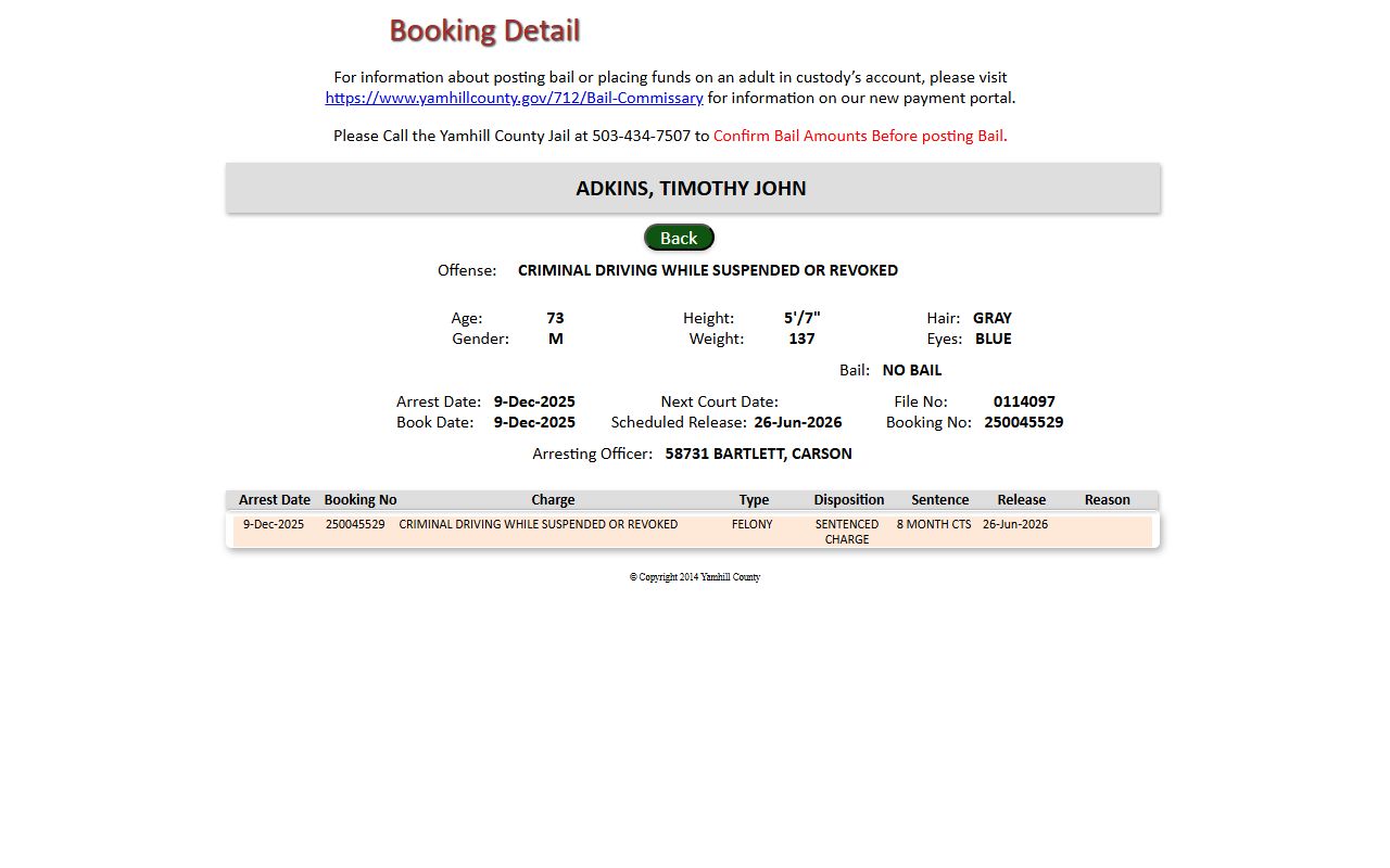 Yamhill County inmate records booking detail sample
