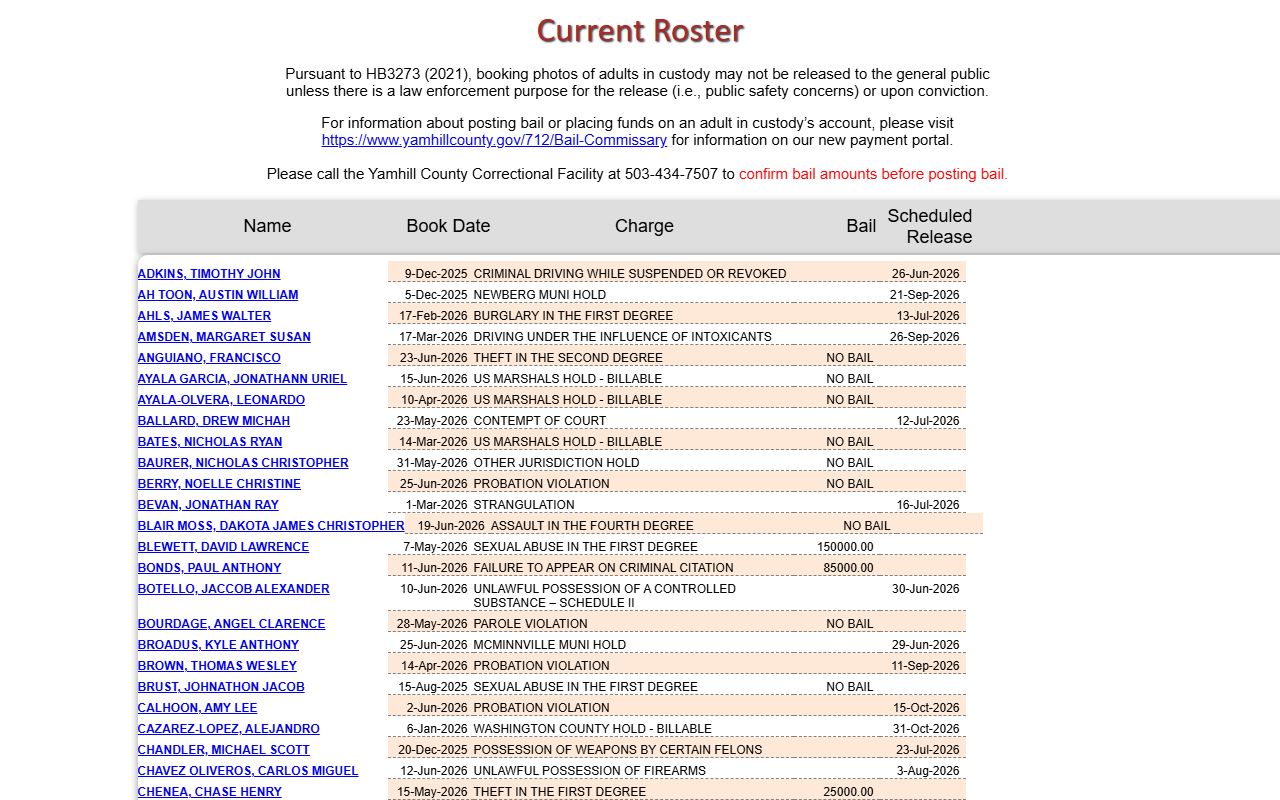 Yamhill County inmate roster list with custody fields
